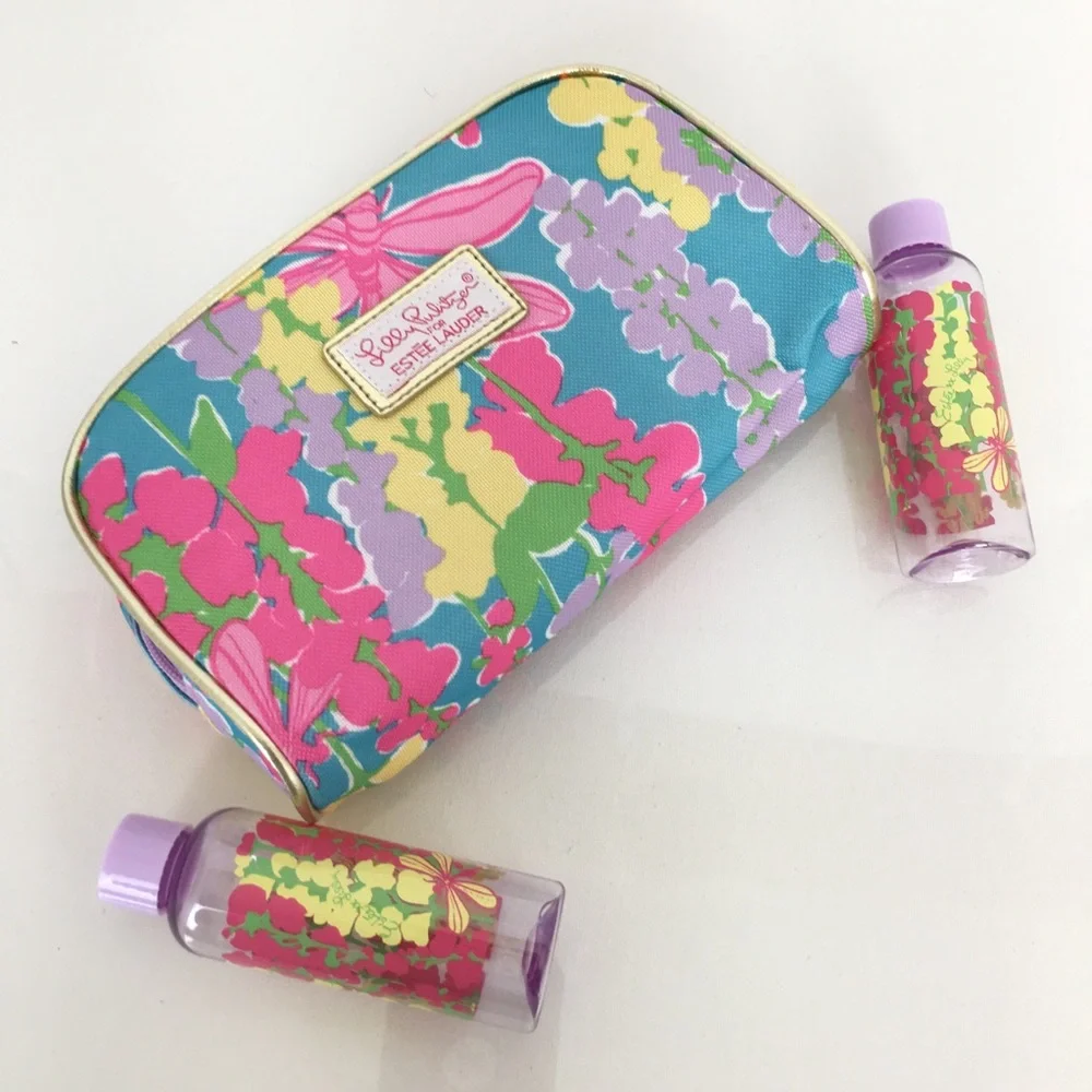 Lilly Pulitzer x Estée Lauder Makeup/Toiletry Cosmetic Bag Blue Pink Floral NEW